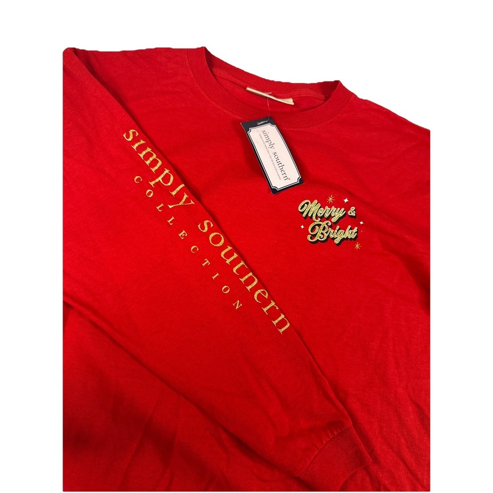 Simply Southern Girls Merry & Bright Gold Sparkle Santa Long Sleeve Shirt L NWT
